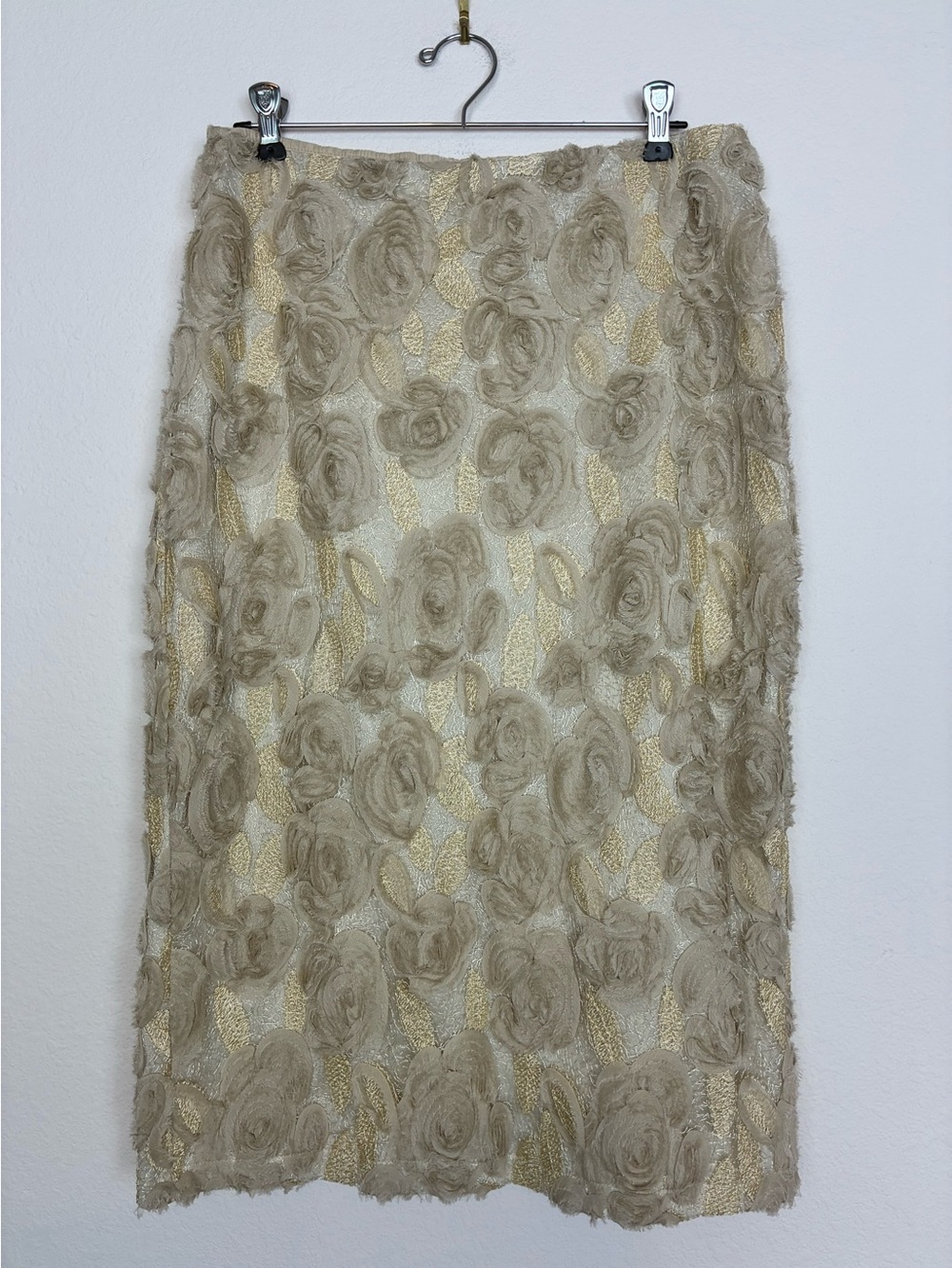 Anewsta Gold & Beige Applique Floral Lace w/ Metallic Mesh Skirt